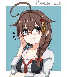Rule 34 | 1girl, ^^^, ahoge, ame-rain, bespectacled, blue background, blue eyes, border, braid, breasts, brown hair, glasses, hair flaps, hair over shoulder, highres, kantai collection, long hair, medium breasts, necktie, official alternate costume, one-hour drawing challenge, red necktie, shigure (kancolle), shigure kai ni (kancolle), shirt, single braid, smile, solo, twitter username, two-tone background, upper body, white border, white shirt
