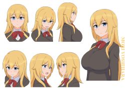 Rule 34 | 1girl, blonde hair, blue eyes, blush, bow, breasts, character name, character sheet, expressionless, expressions, female focus, large breasts, looking at viewer, mori yoshihara (naozuri), multiple views, naozuri, open mouth, original, school uniform, simple background, smile, sweater, uniform, upper body, white background