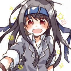 Rule 34 | 10s, 1girl, black hair, blazer, blush, doodle, hair ornament, happy, hatsushimo (kancolle), headband, jacket, kano (coyotehunt), kantai collection, long hair, open mouth, red eyes, remodel (kantai collection), school uniform, simple background, sleeves rolled up, star (symbol), upper body