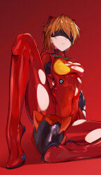 Rule 34 | 1girl, absurdres, ass, blindfold, blue eyes, bodysuit, breasts, brown hair, covering privates, covering crotch, curvy, evangelion: 3.0+1.0 thrice upon a time, expressionless, full body, hair ornament, helmet, hermityy, highres, interface headset, legs apart, long hair, medium breasts, medium hair, neon genesis evangelion, plugsuit, rebuild of evangelion, red bodysuit, shiny clothes, shiny skin, simple background, solo, souryuu asuka langley, torn clothes