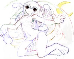 1girl 8eyes animal_feet breasts commentary conejo-ess_(8eyes) creepy_eyes crescent loincloth nipples ringlets smile solo tail yogurt200