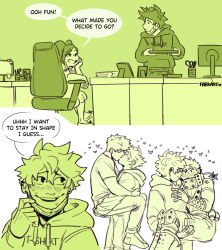 Rule 34 | 1girl, 2boys, absurdres, artist name, bakugou katsuki, blush, boku no hero academia, carrying, chair, closed eyes, closed mouth, clothes writing, comic, commentary, computer, desk, english commentary, english text, freckles, green theme, habkart, hand on another&#039;s chest, head rest, heart, highres, holding, hood, hood down, hoodie, imagining, kiss, la brava, long sleeves, looking at another, male focus, mask, midoriya izuku, monitor, monochrome, mouth mask, multiple boys, open mouth, pants, princess carry, shirt, short hair, simple background, sitting, smile, speech bubble, spiked hair, standing, yaoi