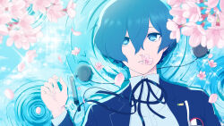 Rule 34 | 1boy, blue eyes, blue hair, blue jacket, blue ribbon, bug, butterfly, cherry blossoms, collared shirt, digital media player, from above, gekkoukan high school uniform, hair between eyes, hand up, headphones, insect, jacket, lavillardia, long sleeves, looking at viewer, lying, lying on water, male focus, neck ribbon, on back, parted lips, persona, persona 3, petals, petals on liquid, ribbon, ripples, school uniform, shallow water, shirt, short hair, solo, upper body, water, white shirt, wing collar, yuuki makoto (persona 3)