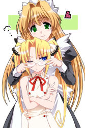 Rule 34 | 00s, 2girls, ;o, angry, annoyed, apron, bare shoulders, blonde hair, blue eyes, blush, buttons, crossed arms, double-breasted, dress, fume, glasses, heart, height difference, kimi ga aruji de shitsuji ga ore de, kuonji miyu, long sleeves, looking at viewer, maid, maid apron, multiple girls, one eye closed, otaut-r, parted lips, simple background, sleeveless, sleeveless dress, twintails, uesugi mihato, white background, yuri