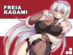 Rule 34 | 1girl, breasts, cleavage, fingerless gloves, freia kagami, fur, gloves, kupala, large breasts, long hair, looking at viewer, navel, red eyes, solo, very long hair, white hair, wrestle angels