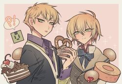 Rule 34 | 2boys, black cardigan, blonde hair, brothers, cake, cake slice, cardigan, cherry, chocolate cake, closed mouth, collared shirt, cookie, dramatical murder, food, fruit, green eyes, green jacket, hand up, highres, holding, holding food, jacket, long sleeves, looking at viewer, male focus, meremero, multiple boys, noiz (dramatical murder), pretzel, purple shirt, shirt, short hair, siblings, smile, sparkle, speech bubble, theo (dramatical murder), tongue, tongue out, upper body