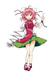 Rule 34 | ahoge, amputee, bandages, chain, cuffs, double bun, flower, full body, green skirt, hair bun, highres, ibaraki kasen, index finger raised, keyaki chimaki, looking at viewer, open mouth, pink eyes, pink flower, pink hair, pink rose, puffy sleeves, ribbon, ribbon-trimmed skirt, ribbon trim, rose, shackles, shoes, simple background, skirt, solo, tabard, touhou, transparent background, white background