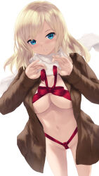 Rule 34 | 1girl, alternate hair length, alternate hairstyle, blonde hair, blue eyes, blue nails, blush, boku wa tomodachi ga sukunai, breasts, brown coat, cait aron, cleavage, coat, cowboy shot, gluteal fold, groin, hands up, highres, kashiwazaki sena, large breasts, long sleeves, looking at viewer, medium hair, nail polish, navel, nearly naked ribbon, open clothes, open coat, parted bangs, parted lips, red ribbon, ribbon, scarf, simple background, solo, thighs, underboob, white background, white scarf