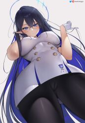 Rule 34 | 1girl, black hair, blue archive, blue eyes, blue hair, blush, breasts, cameltoe, cleft of venus, colored inner hair, earrings, fat mons, glasses, gloves, greatodoggo, halo, highres, jewelry, large breasts, long hair, looking at viewer, looking down, multicolored hair, pantyhose, pointy ears, rimless eyewear, rin (blue archive), solo, very long hair, white background, white gloves