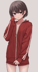 Rule 34 | 1girl, akipeko, bad id, bad twitter id, blush, brown hair, flat chest, grey background, highres, jacket, long sleeves, looking at viewer, original, parted lips, pink eyes, red jacket, red shorts, short hair, shorts, simple background, solo, standing, thighs, track jacket, zipper