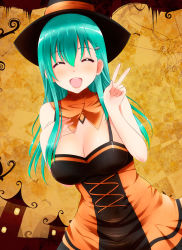 Rule 34 | 10s, 1girl, alternate costume, aqua hair, bat (animal), breasts, cleavage, collarbone, closed eyes, facing viewer, female focus, green hair, hair ornament, hairclip, halloween, hand on own chest, hat, highres, kantai collection, kiko (okuwae), large breasts, lips, long hair, silk, solo, spider web, suzuya (kancolle), upper body, v, weavehabit, witch hat
