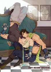 Rule 34 | 2boys, battle tendency, blonde hair, blue eyes, blue footwear, boots, brown footwear, brown hair, caesar anthonio zeppeli, chaise longue, copyright name, crop top, facial mark, fingerless gloves, gloves, green eyes, headband, hermithessa, highres, jojo no kimyou na bouken, joseph joestar, joseph joestar (young), leotard, male focus, midriff, multiple boys, painting (action), picture frame, red stone of aja, scarf, stone mask (jojo), striped clothes, striped scarf, upside-down
