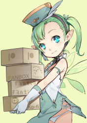 Rule 34 | 1girl, bare shoulders, blue eyes, blue hat, blvefo9, box, cardboard box, closed mouth, commentary request, elbow gloves, fairy, fairy wings, fanbox, fantia logo, gloves, green background, green hair, green skirt, green wings, hat, holding, holding box, ko-fi logo, md5 mismatch, original, panties, patreon logo, pointy ears, resolution mismatch, shirt, side ponytail, simple background, skirt, sleeveless, sleeveless shirt, smile, solo, source larger, underwear, white gloves, white panties, white shirt, wings
