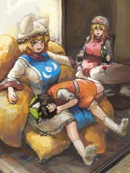 Rule 34 | 3girls, :3, :d, animal ears, animal hat, blonde hair, bottle, breasts, cat ears, chanta (ayatakaoisii), chen, closed mouth, dress, fox tail, glass, green headwear, hat, highres, holding, holding bottle, huge breasts, indoors, lap pillow, long sleeves, lying, mob cap, multiple girls, multiple tails, on side, open mouth, mob cap, red eyes, short hair, sitting, sitting on tail, sleeping, smile, socks, tabard, table, tail, touhou, white dress, white headwear, white legwear, yakumo ran, yakumo yukari, yellow eyes