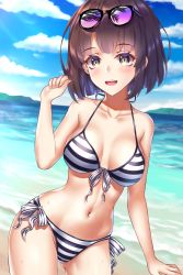 Rule 34 | 1girl, beach, bikini, blue sky, breasts, brown eyes, brown hair, cleavage, cloud, collarbone, day, eyewear on head, front-tie top, halterneck, highres, horizon, katou megumi, looking at viewer, medium breasts, mountain, navel, nihnfinite8, open mouth, outdoors, saenai heroine no sodatekata, short hair, side-tie bikini bottom, sky, smile, solo, string bikini, striped bikini, striped clothes, swimsuit, teeth, upper teeth only