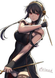 Rule 34 | 1girl, bare shoulders, black dress, black hair, black thighhighs, breasts, choker, closed mouth, dress, earrings, eiwa, hairband, holding, holding weapon, jewelry, large breasts, long hair, red eyes, red lips, sidelocks, sleeveless, sleeveless dress, solo, spy x family, thighhighs, twitter username, weapon, white background, yor briar