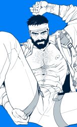 Rule 34 | 1boy, abs, bara, bare pectorals, beard, blue eyes, blue theme, bonjourdraws, bulge, check copyright, chest hair, copyright request, erection, erection under clothes, facial hair, hairy, highres, jacket, large pectorals, male focus, mature male, muscular, muscular male, mustache, navel, navel hair, nipples, open clothes, open jacket, original, pectorals, presenting, short hair, solo, spread legs, stomach, thick eyebrows, thick mustache, wide spread legs