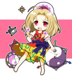 Rule 34 | 1girl, ahoge, arrow (projectile), barefoot, belt, blonde hair, blush, bow, chibi, commentary request, earrings, eyelashes, full body, hair ornament, hand on own hip, hat, highres, jewelry, lamp, looking at viewer, magatama, open mouth, orb, pink background, puffy short sleeves, puffy sleeves, purple belt, purple bow, purple hat, rainbow, rcoco01, red eyes, red vest, shirt, short hair, short sleeves, skirt, smile, solo, standing, tamatsukuri misumaru, teeth, tongue, touhou, vest, white background, white hat, white shirt, yellow skirt, yin yang, yin yang orb
