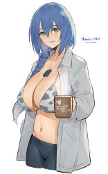 Rule 34 | 1girl, 2021, animal print, bikini, bikini top only, blue hair, braid, breasts, chinese zodiac, cleavage, cow print, cowboy shot, cup, dog tags, dp-12 (girls&#039; frontline), girls&#039; frontline, grey eyes, hair between eyes, happy new year, highres, huge breasts, long hair, looking at viewer, midriff, mug, navel, new year, open clothes, open shirt, pandea work, print bikini, shirt, single braid, smile, solo, swimsuit, white background, white shirt, year of the ox
