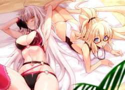 Rule 34 | 2girls, absurdly long hair, ahoge, armpits, ass, beach, beach towel, belt, bikini, black bikini, black gloves, blonde hair, blue eyes, blush, breasts, cleavage, commentary request, competition swimsuit, fate/grand order, fate (series), gloves, jeanne d&#039;arc alter (swimsuit berserker) (fate), jeanne d&#039;arc (fate), jeanne d&#039;arc (ruler) (fate), jeanne d&#039;arc (swimsuit archer) (fate), jeanne d&#039;arc (swimsuit archer) (second ascension) (fate), jeanne d&#039;arc alter (fate), jeanne d&#039;arc alter (swimsuit berserker) (fate), large breasts, long hair, lying, mouth hold, multiple girls, o-ring, o-ring bikini, o-ring bottom, o-ring top, on back, on stomach, one-piece swimsuit, palm leaf, pink legwear, ponytail, sakura nitouhei, silver hair, single thighhigh, sweatdrop, swimsuit, thighhighs, towel, very long hair, whistle, whistle around neck, yellow eyes