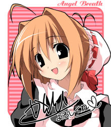 Rule 34 | 1girl, :d, ahoge, angel breath, antenna hair, apron, black eyes, blush, bun cover, buttons, copyright name, gabriel (angel breath), hair between eyes, hair intakes, head tilt, heart, kantoku, looking at viewer, maid, maid apron, official art, open mouth, orange hair, red hair, ribbon, short hair, sidelocks, sketch, smile, solo, striped, striped background, upper body