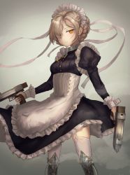 Rule 34 | 1girl, apron, azur lane, blonde hair, boots, braid, breasts, closed mouth, cross, cross necklace, feet out of frame, french braid, garter straps, grey background, gun, hair between eyes, hair ornament, hair over one eye, hairband, handgun, highres, holding, holding gun, holding weapon, jewelry, lithium10mg, long hair, looking at viewer, maid, maid apron, maid headdress, necklace, orange eyes, pistol, sheffield (azur lane), small breasts, solo, standing, thighhighs, weapon, white thighhighs