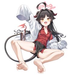 Rule 34 | 1girl, absurdres, ahoge, bare legs, barefoot, black hair, black horns, black shorts, black tail, blue archive, blush, coat, collared shirt, demon horns, feet, hair intakes, halo, highres, horns, kasumi (blue archive), legs, long hair, looking at viewer, mono (mono mon), open mouth, red shirt, shirt, shirt tucked in, shorts, simple background, sleeves past fingers, sleeves past wrists, smile, soles, solo, tail, toenails, toes, transparent background, white coat, yellow eyes