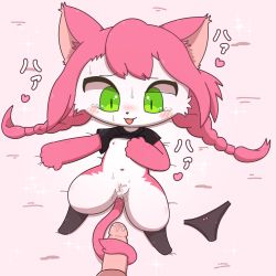 Rule 34 | artist request, cat, flat chest, furry, green eyes, long hair, penis, pink hair, pussy, tail, tailjob, uncensored