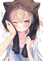 Rule 34 | 1boy, 1girl, ;t, animal ears, bare shoulders, blush, brown hair, closed mouth, collarbone, commentary request, ebihara beniko, fake animal ears, grey shirt, hair between eyes, highres, off shoulder, one eye closed, original, out of frame, purple eyes, shirt, simple background, solo focus, translation request, upper body, white background