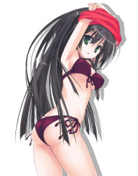 Rule 34 | 10s, 1girl, album cover, armpits, arms up, ass, bikini, black hair, breasts, butt crack, cover, female focus, front-tie top, green eyes, highres, image sample, kore wa zombie desu ka?, long hair, looking at viewer, looking back, muririn, seraphim (korezom), shadow, side-tie bikini bottom, simple background, solo, standing, swimsuit, third-party edit, underboob, undressing