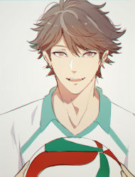 Rule 34 | 1boy, bad id, bad pixiv id, ball, brown eyes, brown hair, haikyuu!!, holding, holding ball, looking at viewer, male focus, oikawa tooru (haikyuu!!), open mouth, simple background, smile, solo, sportswear, tsukimura noe, upper body, volleyball (object), volleyball uniform, white background