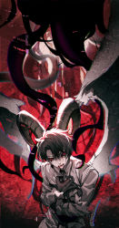 Rule 34 | 1boy, absurdres, black hair, blood, blood from mouth, blood on face, bloody tears, chaldea uniform, chinese commentary, collared shirt, colored sclera, commentary, cosplay, cowboy shot, curled horns, dark young (fate), dark young (fate) (cosplay), demon horns, demon wings, fate/grand order, fate (series), fujimaru ritsuka (male), highres, horns, long sleeves, looking at viewer, lower teeth only, male focus, open mouth, pink eyes, qing yu, red sclera, shirt, short hair, solo, standing, teeth, white shirt, white wings, wings