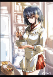 Rule 34 | 1girl, alternate costume, apron, bento, black hair, bowl, chopsticks, commentary request, cooking, food, hair between eyes, highres, holding, holding chopsticks, kantai collection, kappougi, miniskirt, no headwear, pleated skirt, red eyes, red skirt, seitei (04seitei), short hair, skirt, smile, solo, yamashiro (kancolle)