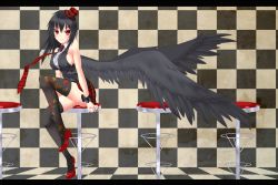 Rule 34 | 1girl, asymmetrical legwear, bare shoulders, black hair, black thighhighs, black wings, breasts, casual, checkered clothes, checkered skirt, gmot, hat, high heels, highres, large breasts, looking at viewer, mini hat, miniskirt, mismatched legwear, nail polish, necktie, no bra, plaid, plaid skirt, red eyes, red nails, shameimaru aya, sideboob, sitting, skirt, sleeveless, smile, solo, stool, thighhighs, third eye, touhou, wings