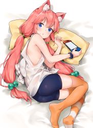 Rule 34 | 1girl, absurdres, animal ear fluff, animal ears, ass, asymmetrical legwear, bare shoulders, bed sheet, bike shorts, black shorts, blue eyes, blush, bow, cat ears, commentary request, fingernails, hair between eyes, hair bobbles, hair ornament, handheld game console, hands up, highres, hinata channel, long hair, looking at viewer, looking to the side, low twintails, lying, mismatched legwear, nail polish, nekomiya hinata, nintendo switch, no shoes, on side, orange thighhighs, parted lips, pillow, pink hair, pink nails, shirt, short shorts, shorts, sidelocks, soles, solo, star (symbol), star in eye, striped clothes, striped thighhighs, symbol in eye, tank top, thighhighs, twintails, very long hair, virtual youtuber, white bow, white shirt, yamano (yamanoh)