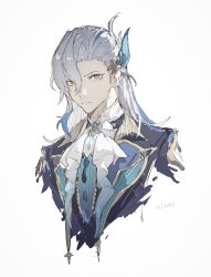 Rule 34 | 1boy, absurdres, blue hair, closed mouth, coat, cropped torso, dated, genshin impact, grey hair, hair between eyes, hair ornament, highres, long hair, male focus, multicolored hair, neuvillette (genshin impact), simple background, sketch, solo, suyoko01, upper body