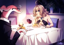 Rule 34 | 1boy, 1girl, :t, ahoge, bangle, black dress, black suit, blue eyes, blue nails, blush, bracelet, braid, breast rest, breasts, breasts on table, cleavage, commentary, consensual tentacles, crescentia fortuna, crown braid, cup, dating, deathblight, dinner, dress, drinking glass, earrings, eating, english commentary, fingernails, food, fork, formal, glasses, hair intakes, hoop earrings, huge ahoge, jewelry, large breasts, light brown hair, long fingernails, monster boy, nail polish, no bra, nose blush, o-ring dress, pout, restaurant, revealing clothes, sitting, suit, table, tentacles, wine glass
