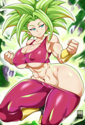 Rule 34 | 1girl, abs, bayeuxman, blue eyes, breasts, cleft of venus, collarbone, dragon ball, dragon ball super, earrings, green hair, highres, jewelry, kefla (dragon ball), large breasts, muscular, muscular female, saiyan, solo, thick thighs, thighs, wide hips