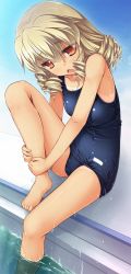 Rule 34 | 1girl, :o, barefoot, blonde hair, breasts, chestnut mouth, chima q, commentary request, drill hair, highres, hugging own legs, knee up, looking at viewer, luna child, one-piece swimsuit, one-piece tan, open mouth, orange eyes, pool, school swimsuit, short hair, small breasts, solo, swimsuit, tan, tanline, toes, touhou, water
