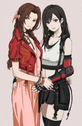 Rule 34 | 2girls, absurdres, aerith gainsborough, arm around waist, black hair, black thighhighs, braid, braided ponytail, brown hair, closed mouth, commentary, crop top, dress, earrings, eyelashes, final fantasy, final fantasy vii, final fantasy vii rebirth, final fantasy vii remake, fingerless gloves, gloves, green eyes, grey background, hair ribbon, highres, holding another&#039;s wrist, jacket, jewelry, looking at viewer, multiple girls, navel, necklace, pink dress, pink eyes, pink ribbon, red jacket, ribbon, shiren (ourboy83), skindentation, skirt, smile, standing, suspender skirt, suspenders, thighhighs, tifa lockhart, upper body, zettai ryouiki