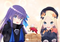Rule 34 | + +, 2girls, :d, abigail williams (fate), absurdres, black bow, black coat, black dress, black hat, blonde hair, blue eyes, blue ribbon, bow, coat, commentary request, dress, fate/grand order, fate (series), food, forehead, hair between eyes, hair bow, hair ribbon, hat, highres, hugging object, i.f.s.f, long hair, long sleeves, looking at viewer, meltryllis (fate), multiple girls, open mouth, orange bow, pancake, pancake stack, parted bangs, polka dot, polka dot bow, purple eyes, ribbon, sleeves past wrists, smile, stuffed animal, stuffed toy, syrup, teddy bear, very long hair