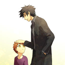 Rule 34 | 2boys, age difference, aged down, black eyes, black hair, brown hair, child, emiya kiritsugu, emiya shirou, facial hair, fate/zero, fate (series), father and son, hand in pocket, hand on another&#039;s head, hand on hand, height difference, honda yuita, male focus, multiple boys, orange hair, stubble, yellow eyes