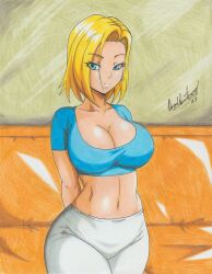 Rule 34 | 1girl, 2023, absurdres, android 18, artist name, blonde hair, blue eyes, blue shirt, breasts, cleavage, closed mouth, collarbone, couch, dragon ball, dragonball z, earrings, female focus, highres, indoors, jewelry, large breasts, midriff, navel, pants, ravernclouk design, shirt, short hair, short sleeves, standing, traditional media, white pants, wide hips