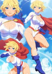 Rule 34 | 1girl, animification, artist request, ass, belt, blonde hair, blue eyes, blue footwear, blue gloves, blue sky, blush, bodysuit, boots, breasts, cape, cleavage, cleavage cutout, clothing cutout, cloud, cloudy sky, covered navel, curvy, dc comics, framed breasts, gloves, highres, large breasts, leotard, light, lips, lipstick, long sleeves, looking at another, looking at viewer, looking to the side, makeup, open mouth, power girl, red belt, red cape, short hair, simple background, sky, smile, solo, source request, standing, superhero costume, thick thighs, thighs, underboob cutout, white leotard