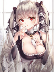Rule 34 | 1girl, absurdres, azur lane, between breasts, black bow, black dress, black nails, black ribbon, bow, breasts, cleavage, collarbone, commentary request, curtains, day, dress, earrings, eyelashes, fingernails, formidable (azur lane), frilled dress, frills, grey hair, hair bow, hair ribbon, hand on own chest, hand to own mouth, hands up, highres, indoors, jewelry, large breasts, long hair, looking at viewer, nail polish, nowsicaa, parted lips, platinum blonde hair, red eyes, ribbon, rigging, sidelocks, slit pupils, solo, twintails, two-tone dress, two-tone ribbon, very long hair, white dress, white ribbon, window