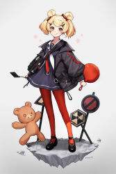 Rule 34 | 1girl, absurdres, animal ears, arknights, bear ears, black footwear, black jacket, blonde hair, candy hair ornament, closed mouth, dress, food-themed hair ornament, frying pan, full body, gummy (arknights), hair ornament, hairclip, highres, jacket, long sleeves, neckerchief, open clothes, open jacket, orange eyes, pantyhose, ppower (lu power), purple dress, radiation symbol, red pantyhose, sailor dress, shoes, short hair, smile, solo, stuffed animal, stuffed toy, teddy bear, tongue, tongue out, twintails