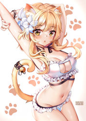 Rule 34 | 1girl, :o, animal ear fluff, animal ears, armpits, arms up, artist name, bare shoulders, bell, black ribbon, blonde hair, blue panties, blush, bra, breasts, brown background, cat cutout, cat ears, cat girl, cat lingerie, cat tail, cleavage, cleavage cutout, clothing cutout, commentary, english commentary, frilled bra, frilled panties, frills, genshin impact, gradient background, groin, highres, jingle bell, kemonomimi mode, looking at viewer, lumine (genshin impact), medium breasts, meme attire, navel, panties, parted lips, paw print, paw print background, ribbon, short hair with long locks, solo, squchan, stomach, stretching, tail, tail bell, tail ornament, tail raised, underwear, watermark, web address, white background, white bra, white panties, yellow eyes