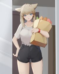 Rule 34 | 1girl, :o, absurdres, alternate costume, animal ears, arknights, arknights: endfield, bag, black shorts, blonde hair, blue eyes, bread, breasts, casual, collarbone, cowboy shot, food, grey shirt, grocery bag, hand on own hip, highres, holding, holding bag, indoors, long hair, medium breasts, open mouth, perlica (arknights), shirt, shopping bag, short sleeves, shorts, solo, wristband, yuu azma