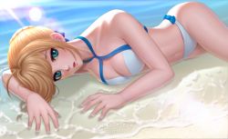 Rule 34 | 1girl, absurdres, aqua eyes, ar9tea, artoria pendragon (fate), artoria pendragon (swimsuit archer) (fate), bare shoulders, bikini, blonde hair, blush, breasts, cleavage, fate/grand order, fate (series), highres, lens flare, looking at viewer, lying, medium breasts, navel, ocean, on side, outdoors, parted lips, short hair, sidelocks, signature, solo, sunlight, swimsuit, wading, white bikini