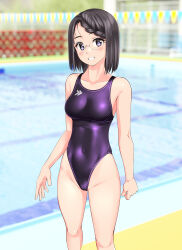 Rule 34 | 1girl, absurdres, black eyes, black hair, blurry, blurry background, braid, braided bangs, breasts, collarbone, commentary request, competition swimsuit, covered navel, feet out of frame, glasses, highleg, highleg swimsuit, highres, logo, looking at viewer, medium breasts, one-piece swimsuit, original, parted lips, pool, purple one-piece swimsuit, short hair, smile, solo, string of flags, swimsuit, takafumi